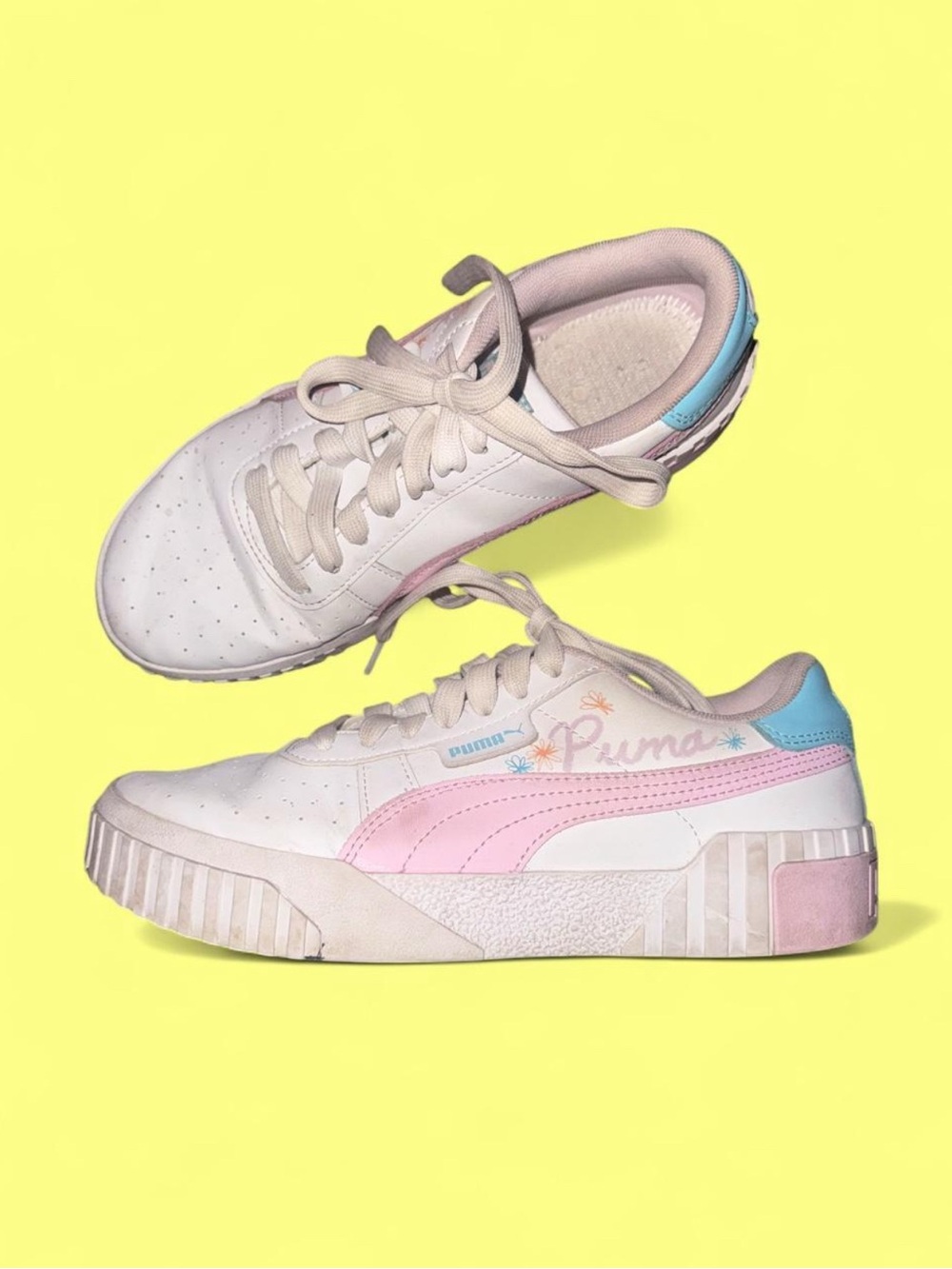 Puma White Low-Top Sneakers with Baby Pink Stripe & Blue Accent
